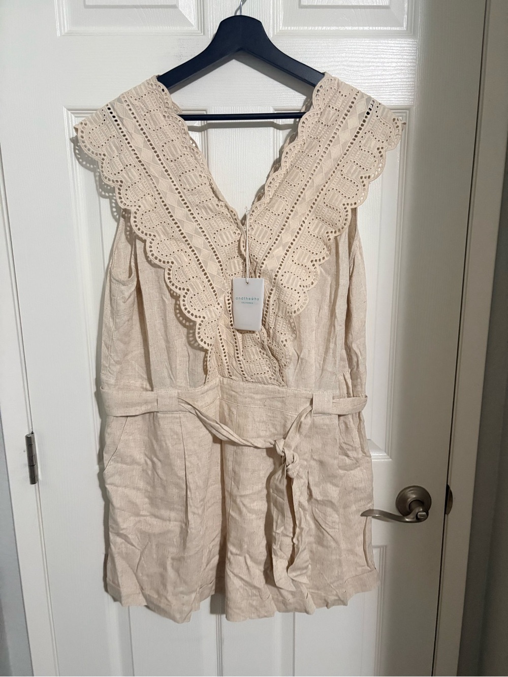 Linen-Blend Cream Eyelet V-Neck Romper